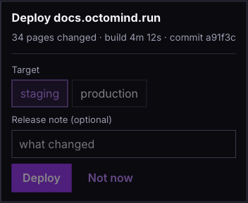 Close-up of a rendered A2UI card in the panel: a heading reading Deploy docs.octomind.run, a caption line with page count, build time and commit, a Target row with staging and production chips, a Release note text field, and Deploy and Not now buttons