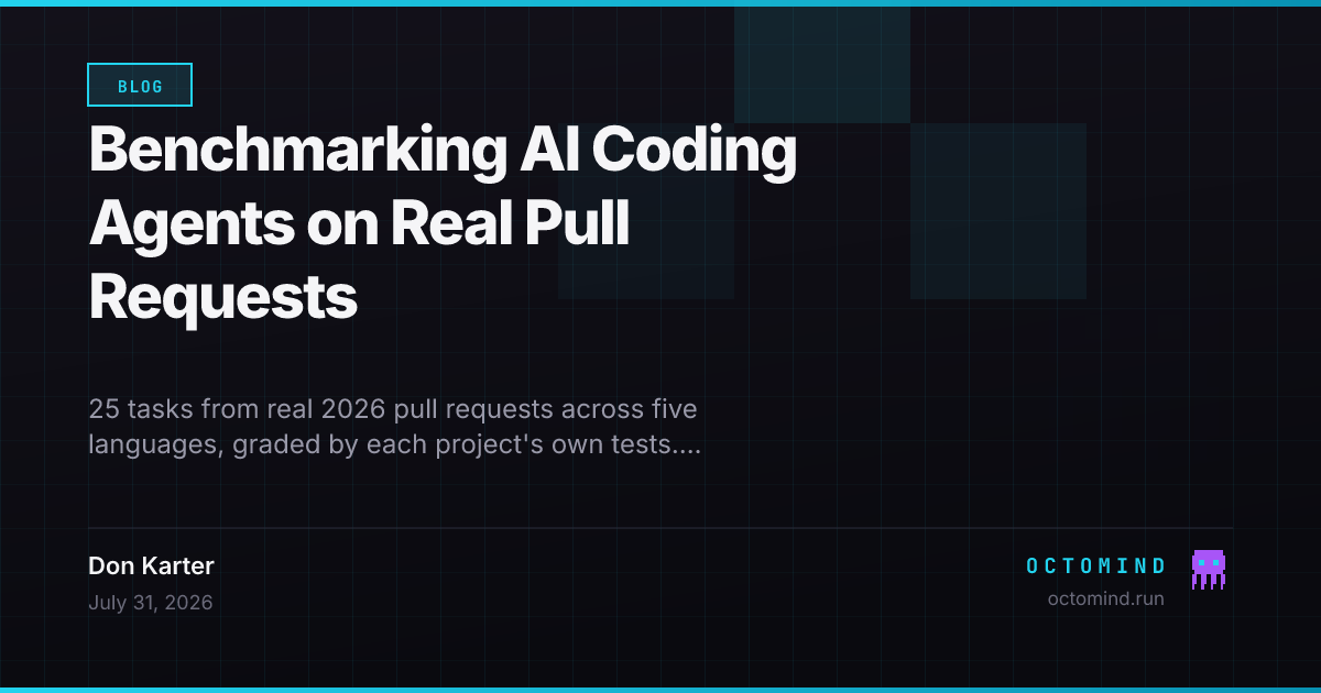 Benchmark scoreboard — four coding agents on 25 real-PR tasks in five languages, octomind + glm-5.2 leading at 24 of 25 solved