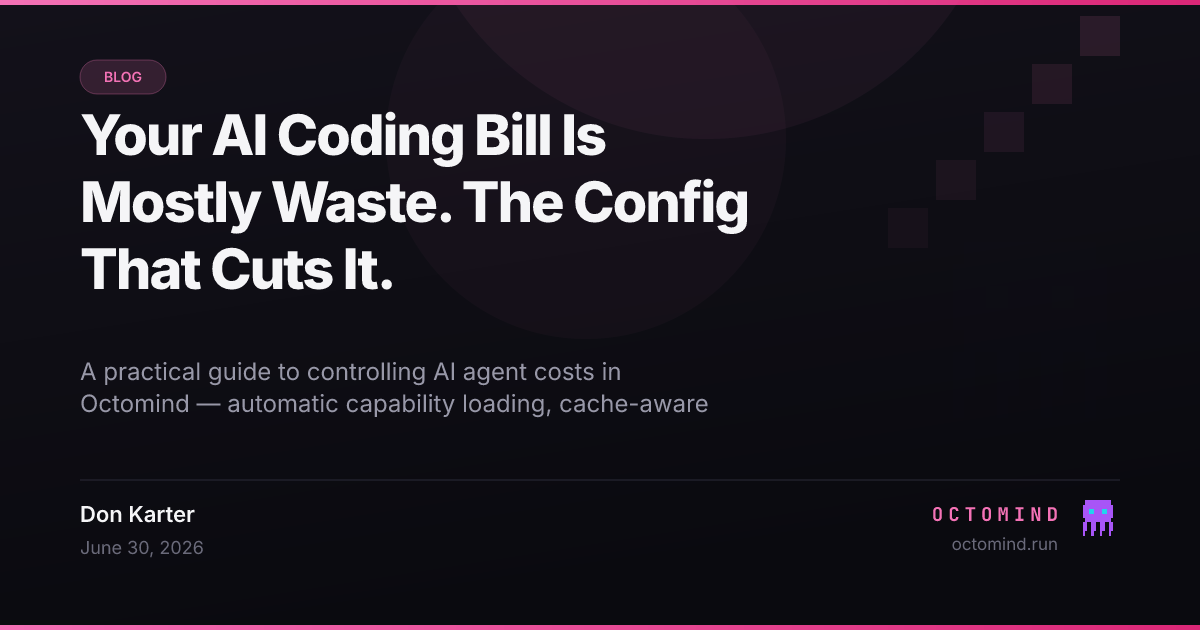 A cost dashboard showing AI token spending dropping after tuning Octomind compression and capability settings
