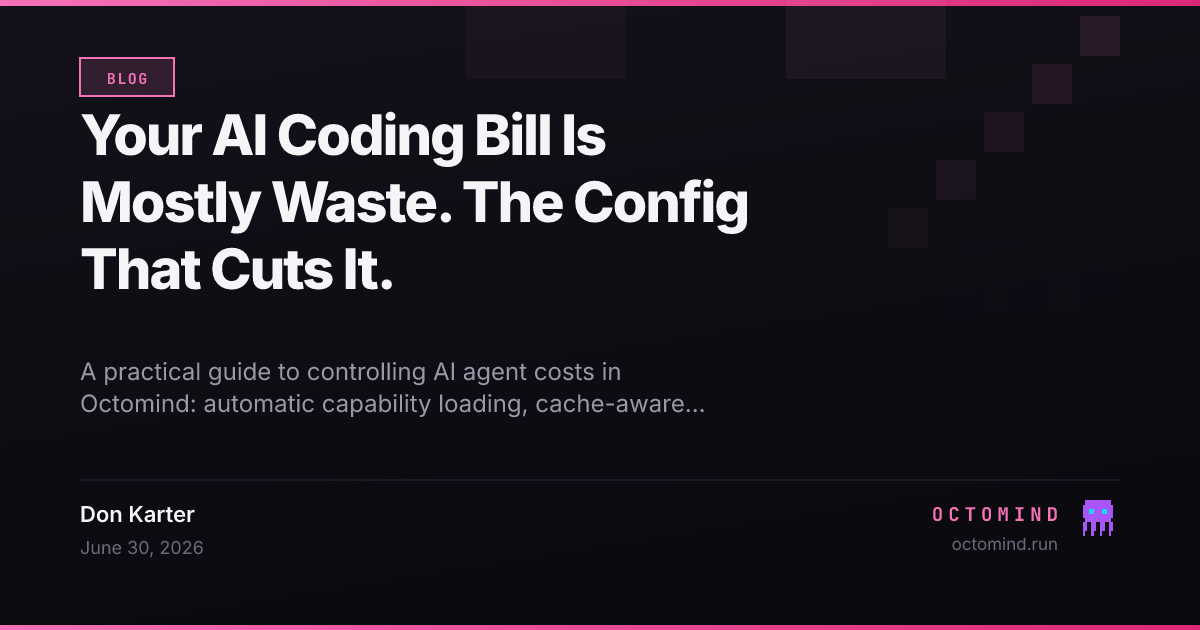 A cost dashboard showing AI token spending dropping after tuning Octomind compression and capability settings