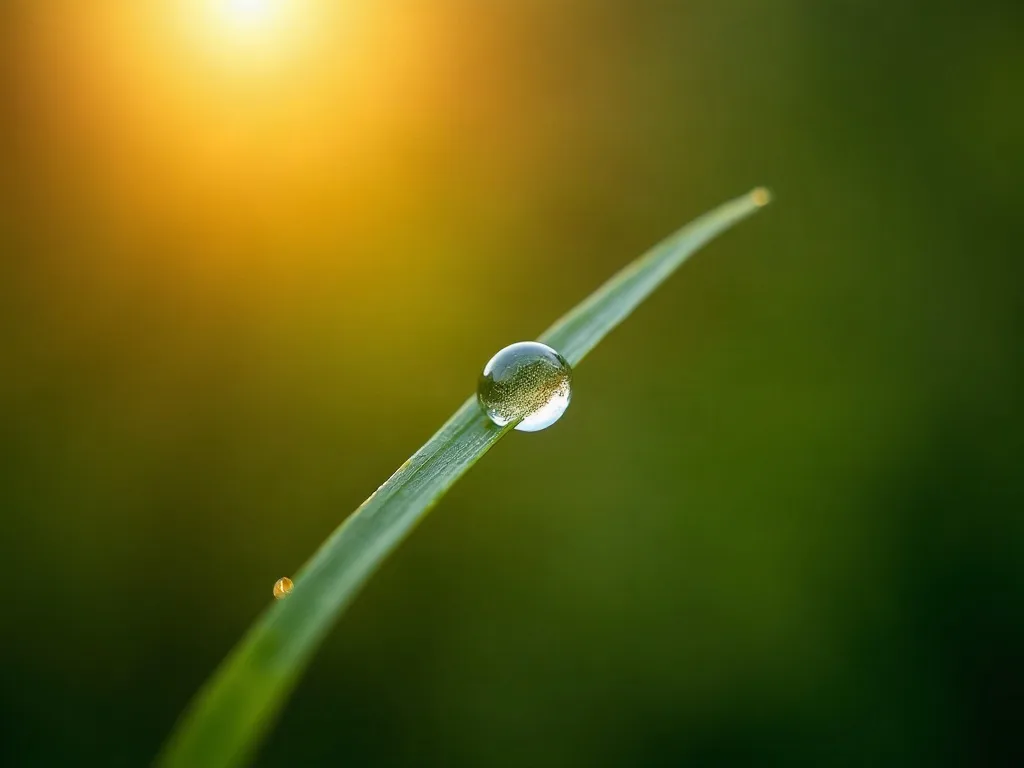 A photorealistic macro photograph of a single dewdrop on a blade of grass at sunrise — generated by the flux-2-pro face
