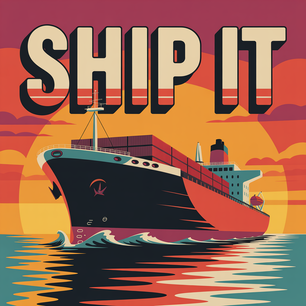 A retro travel poster reading SHIP IT in chunky 3D letters over a cargo ship at sunset — generated by the ideogram-v3 face
