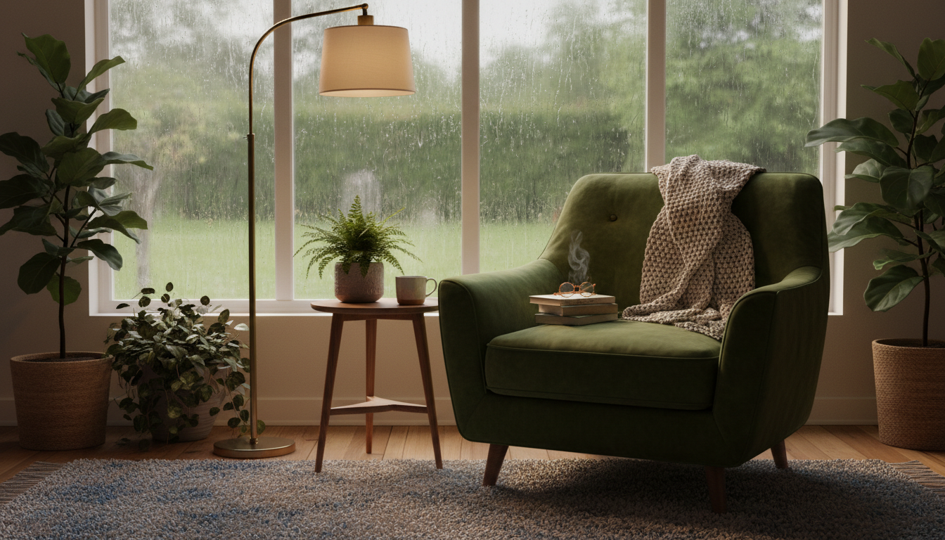 A cozy reading nook by a rain-streaked window, warm lamp light and plants — generated by the nano-banana-2 face