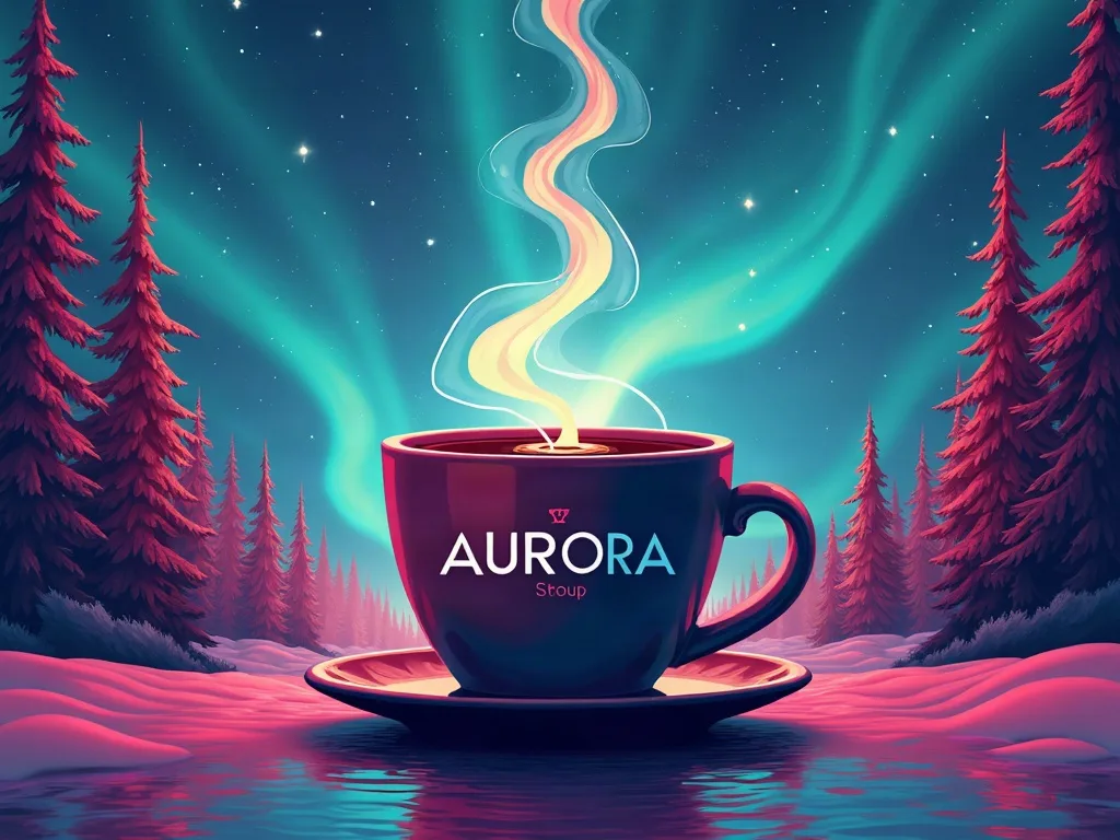 A vibrant generated product poster for a coffee brand, aurora background and bold type — also generated by the feature, in the same session