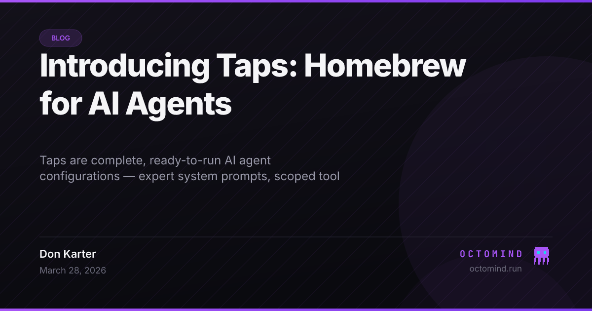 Three cards representing Octomind tap types — Agents, Skills, and Capabilities
