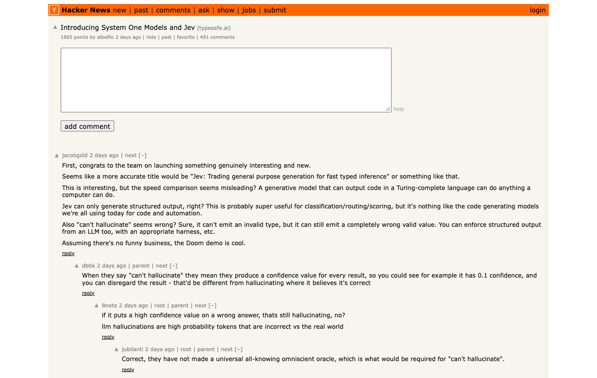 The Hacker News launch thread for Introducing System One Models and Jev, 1,865 points and 491 comments
