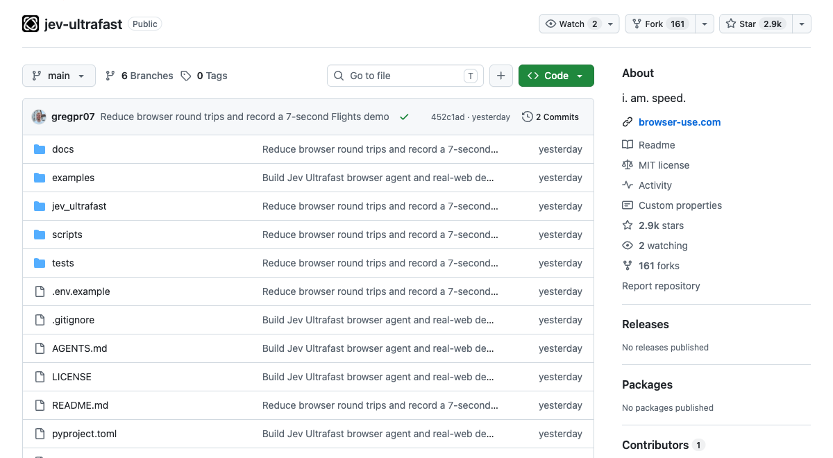 The browser-use/jev-ultrafast repository on GitHub