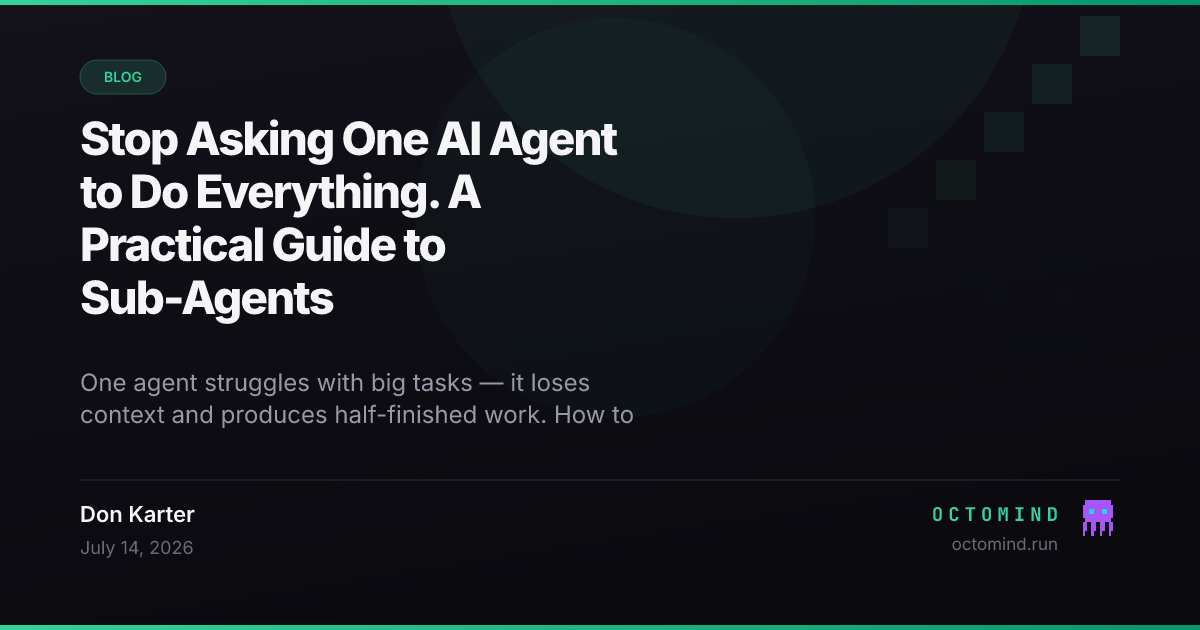 An orchestrating AI agent delegating subtasks to specialized context, review, and test-writing sub-agents