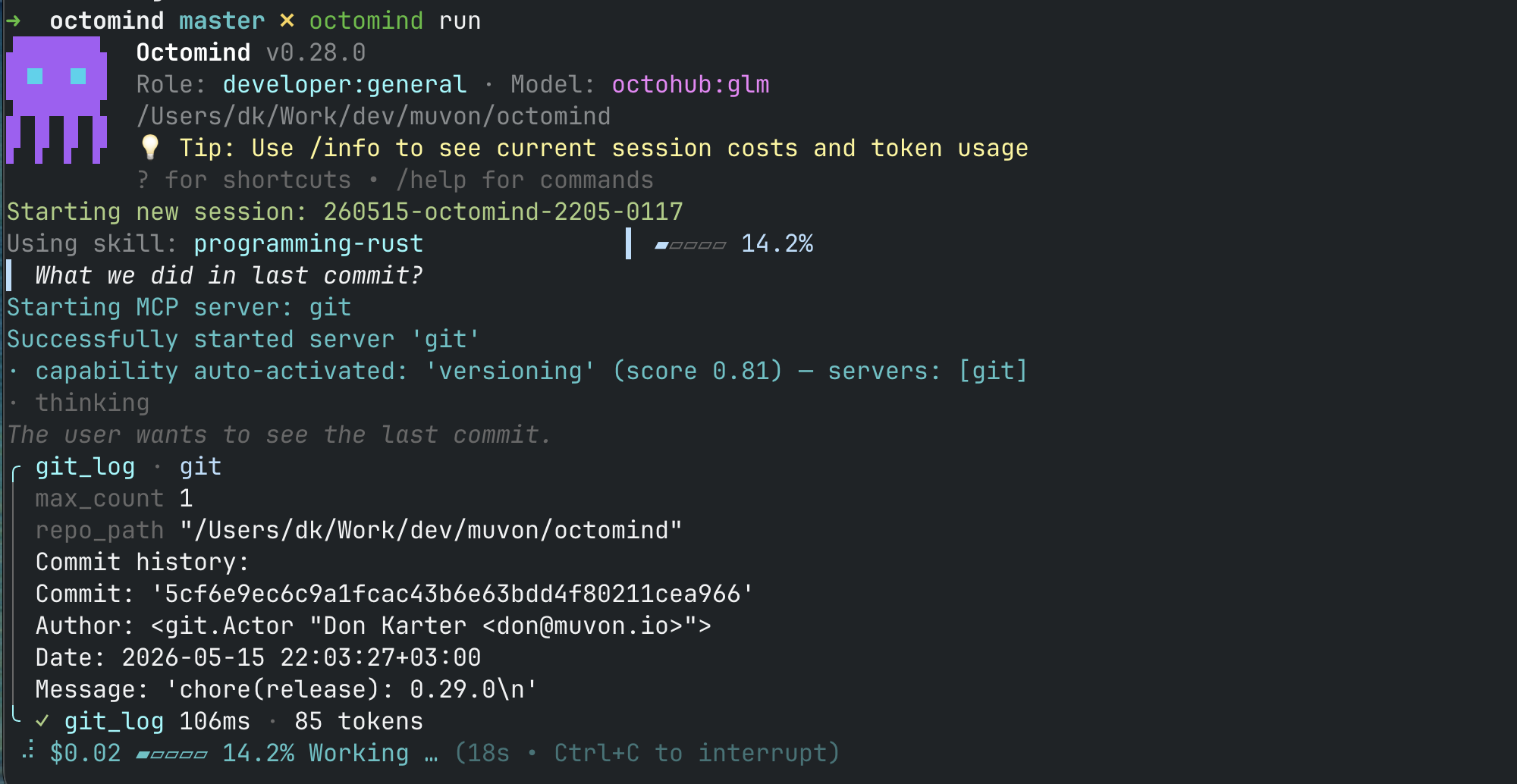 Octomind v0.28.0 startup banner — purple pixel-art octopus icon on the left, version and "Role: developer:general · Model: octohub:glm" on the right, working directory and tip line below, session ID and skill activation logs underneath in clean column layout