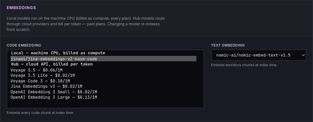 The embeddings picker — local models billed as compute, hub models billed per token