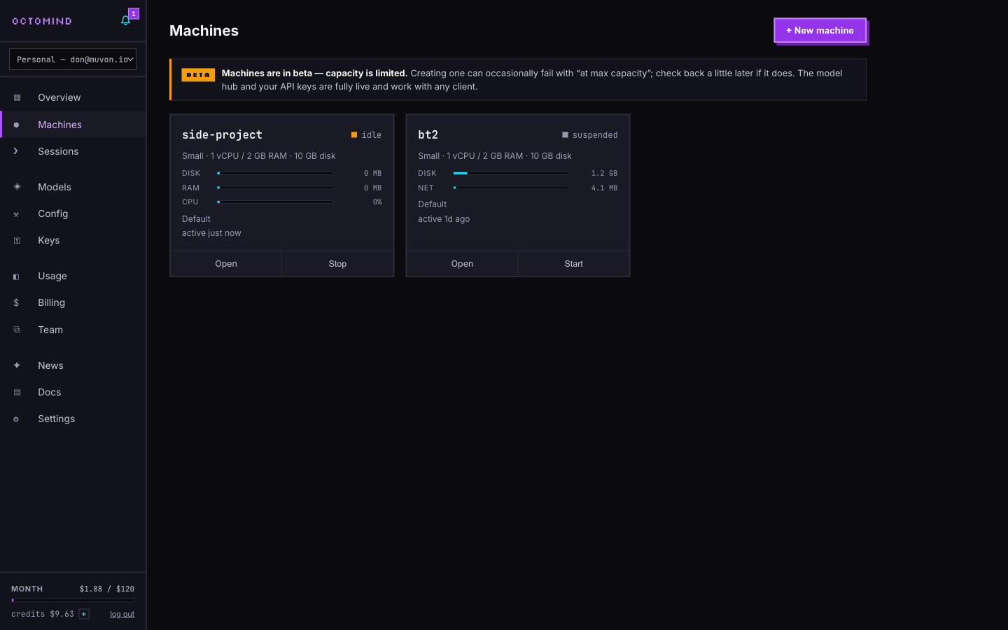The Machines page — one machine active, one suspended, live disk and network meters