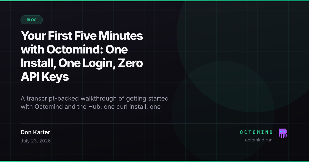 A terminal walkthrough — curl install, device login, and an agent fixing a bug through the Octomind Hub