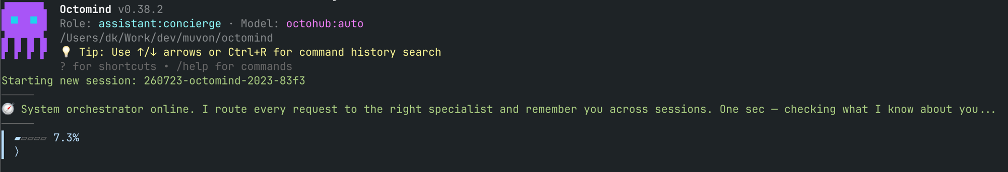 The interactive shell — the concierge header: agent, model routing, working directory, and session id