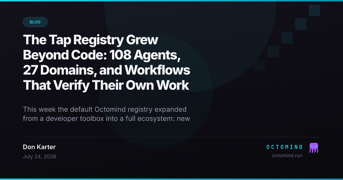 The Octomind Tap registry — agent domains radiating from one command, from developer to family to finance