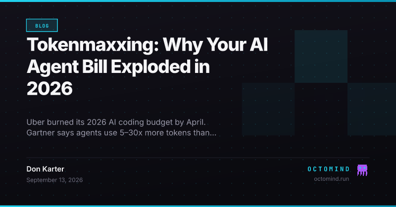 A runaway token counter climbing as an AI agent loops through reasoning, tool calls and retries