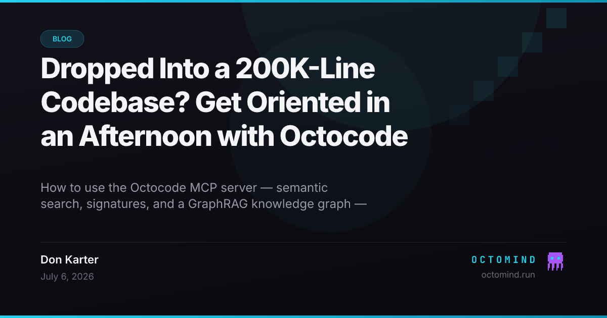 A developer navigating an unfamiliar codebase as a knowledge graph of imports, calls, and dependencies